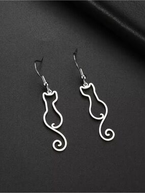 Cat Silhouette Drop Earrings for Cat Lovers - Silver